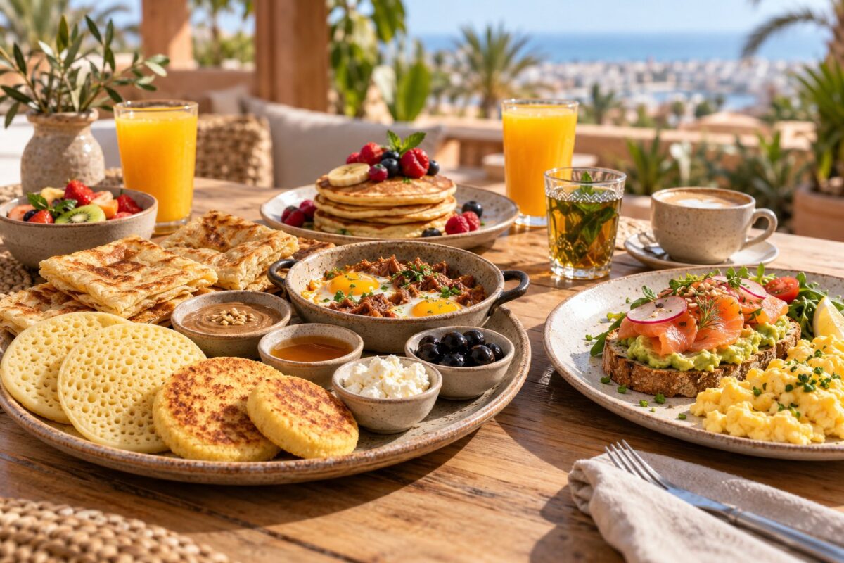 Table de brunch avec pancakes, œufs, fruits et toasts au saumon sur une terrasse ensoleillée