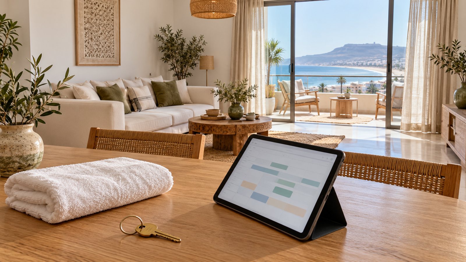 Illustration d’un appartement préparé pour la location temporaire, avec clés, linge propre et tablette de gestion
